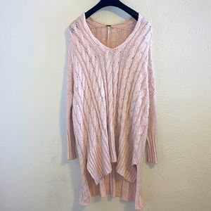 Free People Cotton V-neck Sweater Oversized Cable Knit Light Pink